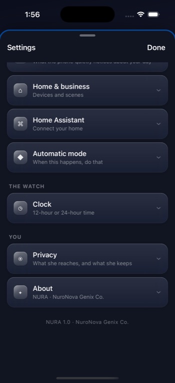 NURA’s Settings/About — the app is by NuroNova Genix Co., a Delaware company headquartered in Houston, Texas
