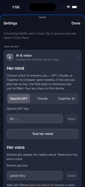 NURA’s AI & voice settings — choose OpenAI GPT, Claude or Together AI and paste your own key, which stays on the device