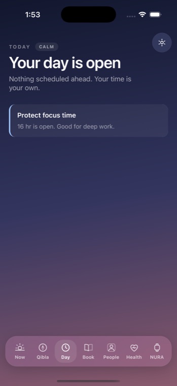 NURA’s Day screen — the day-director engine reading the day as calm and protecting focus time