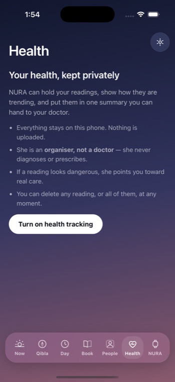 NURA’s Health screen — private on-device readings, with an organiser-not-a-doctor promise