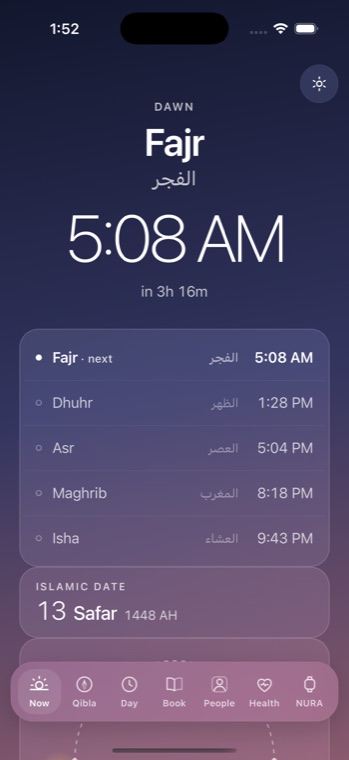 NURA’s Now screen — today’s five prayer times with Arabic names and the Hijri date, computed on device