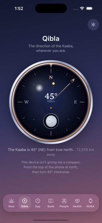 NURA’s Qibla screen — the exact bearing and distance to the Kaaba, on a Celestia-grade compass