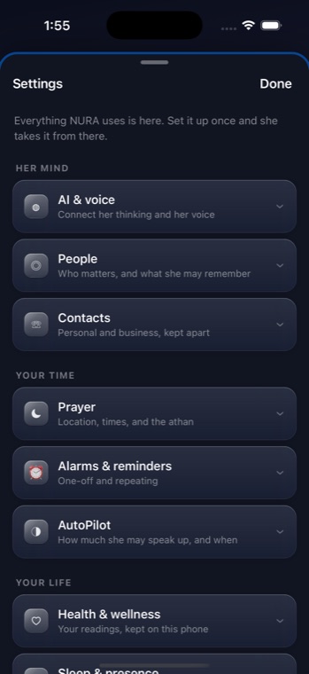 NURA’s Settings — everything the app uses, grouped into Her mind, Your time, Your life and The watch