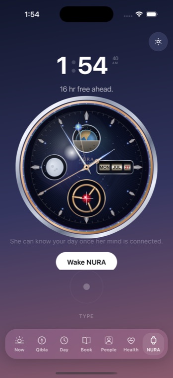 NURA’s watch tab — the live Celestia dial with “Wake NURA”, where the AI companion (Noora) comes to life once you connect your own key