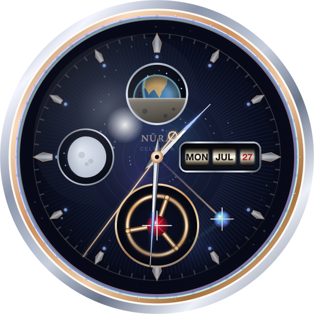 NURA’s Celestia watch face — a live mechanical dial with moon phase, day-date wheels and a triple-axis gold tourbillon
