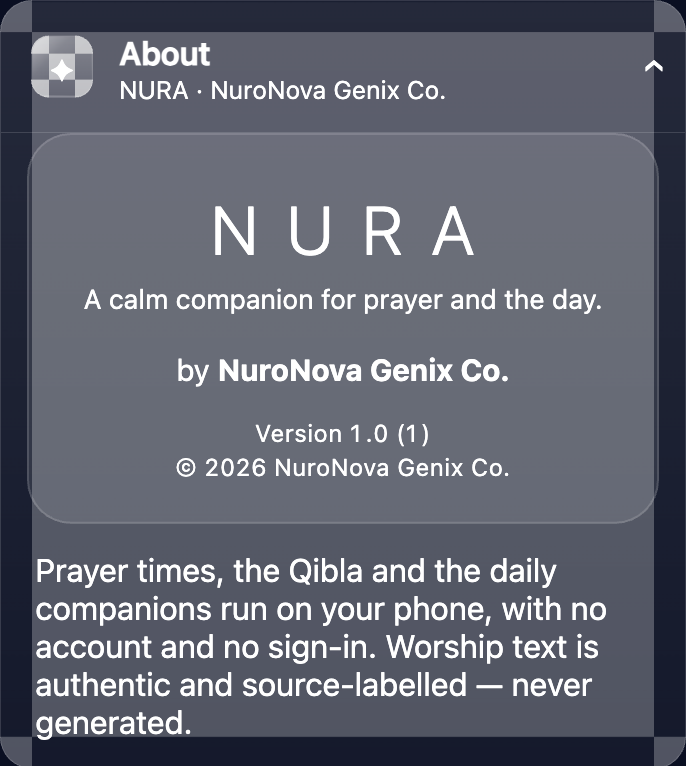 About: NURA · NuroNova Genix Co. — “Worship text is authentic and source-labelled — never generated.”