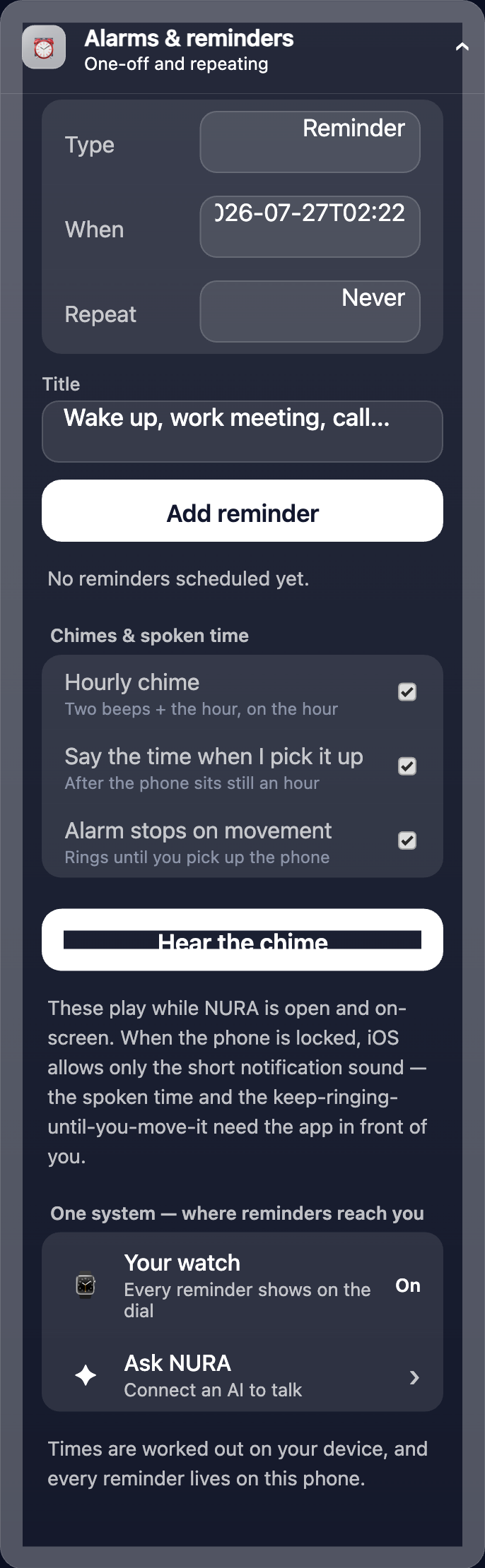 Alarms & reminders: one-off and repeating, managed in one place.