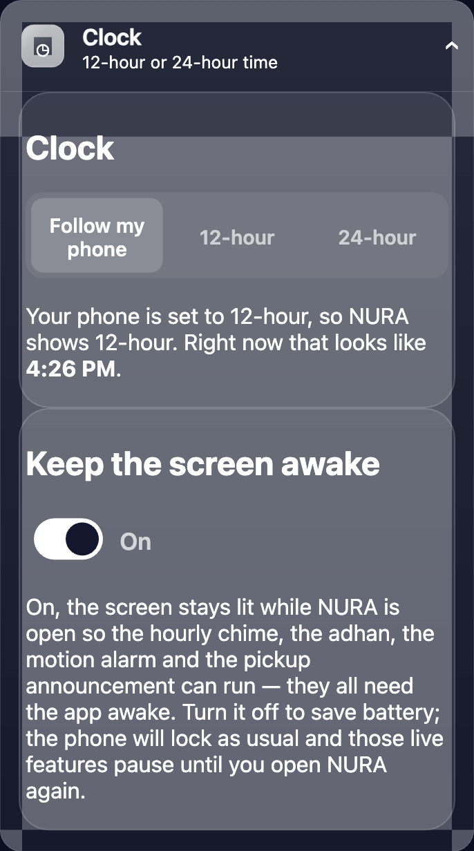 Clock: choose 12-hour or 24-hour time everywhere.