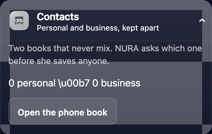 Contacts: a personal book and a business book, deliberately kept separate.