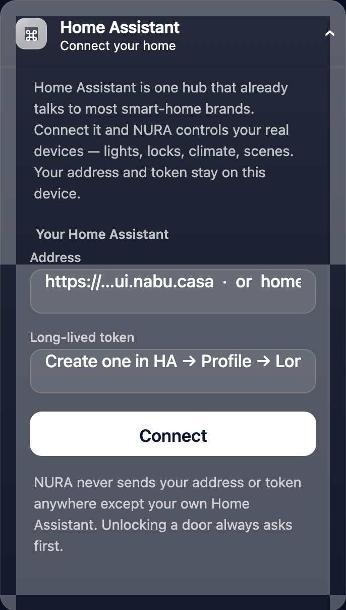 Home Assistant: connect your own home hub — optional, and off until you set it up.