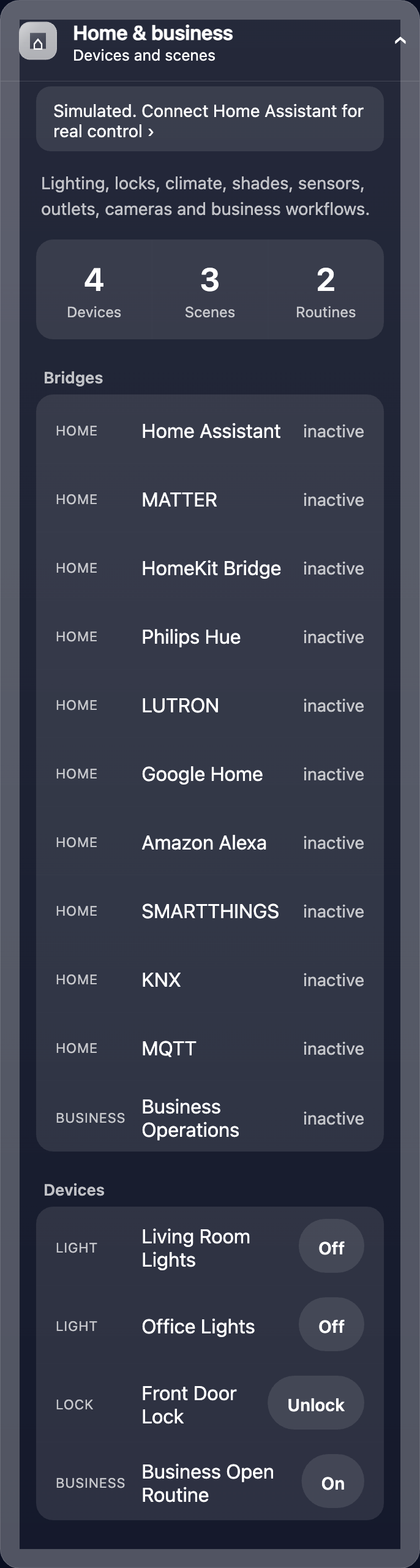 Home & business: devices and scenes, deliberately separated.