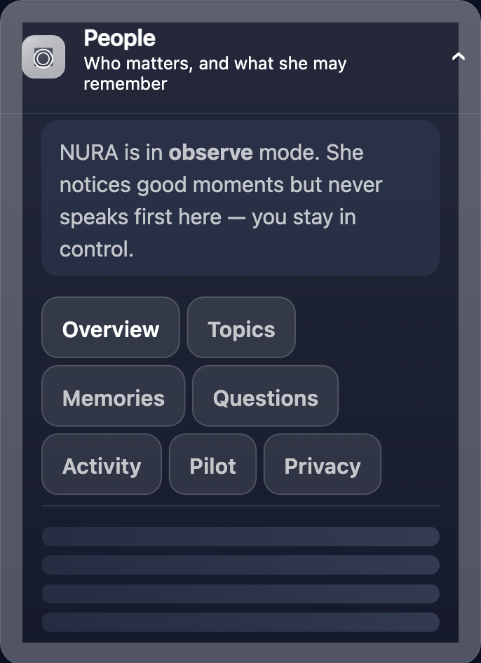 People: consent-based memory — NURA remembers people only if you let her, and you can turn it off at any time.